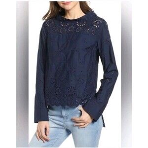 J. Crew Funnelneck Eyelet Shirt Long Sleeves Partially Lined Navy Blue Size 0